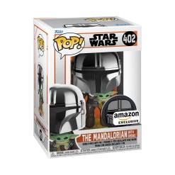 Funko Star Wars The Mandalorian - The Mandalorian Holding Grogu (Chrome) With Pin Exclusive POP! Vinyl Figure